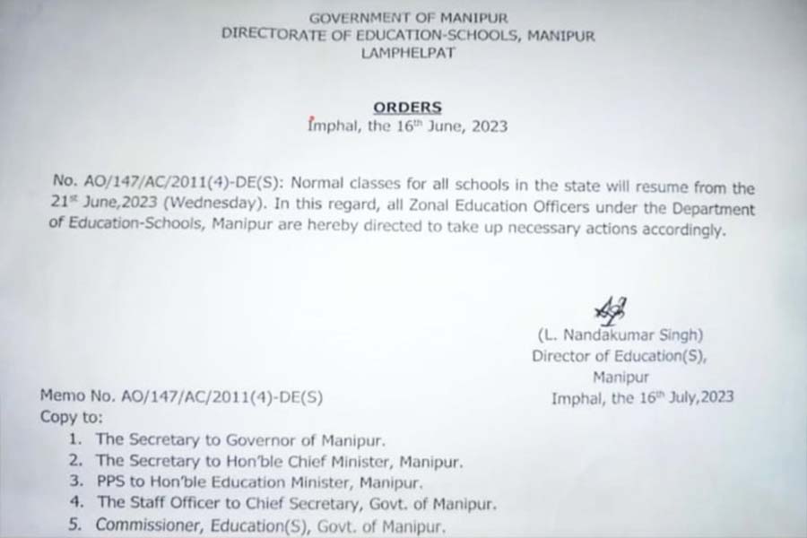Schools to resume classes in Manipur from July 1