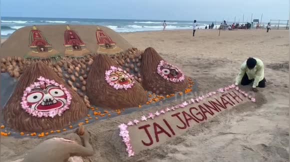 Rath Yatra 2023: Sand artist Sudarshan Patnaik makes sand art with 250 coconuts